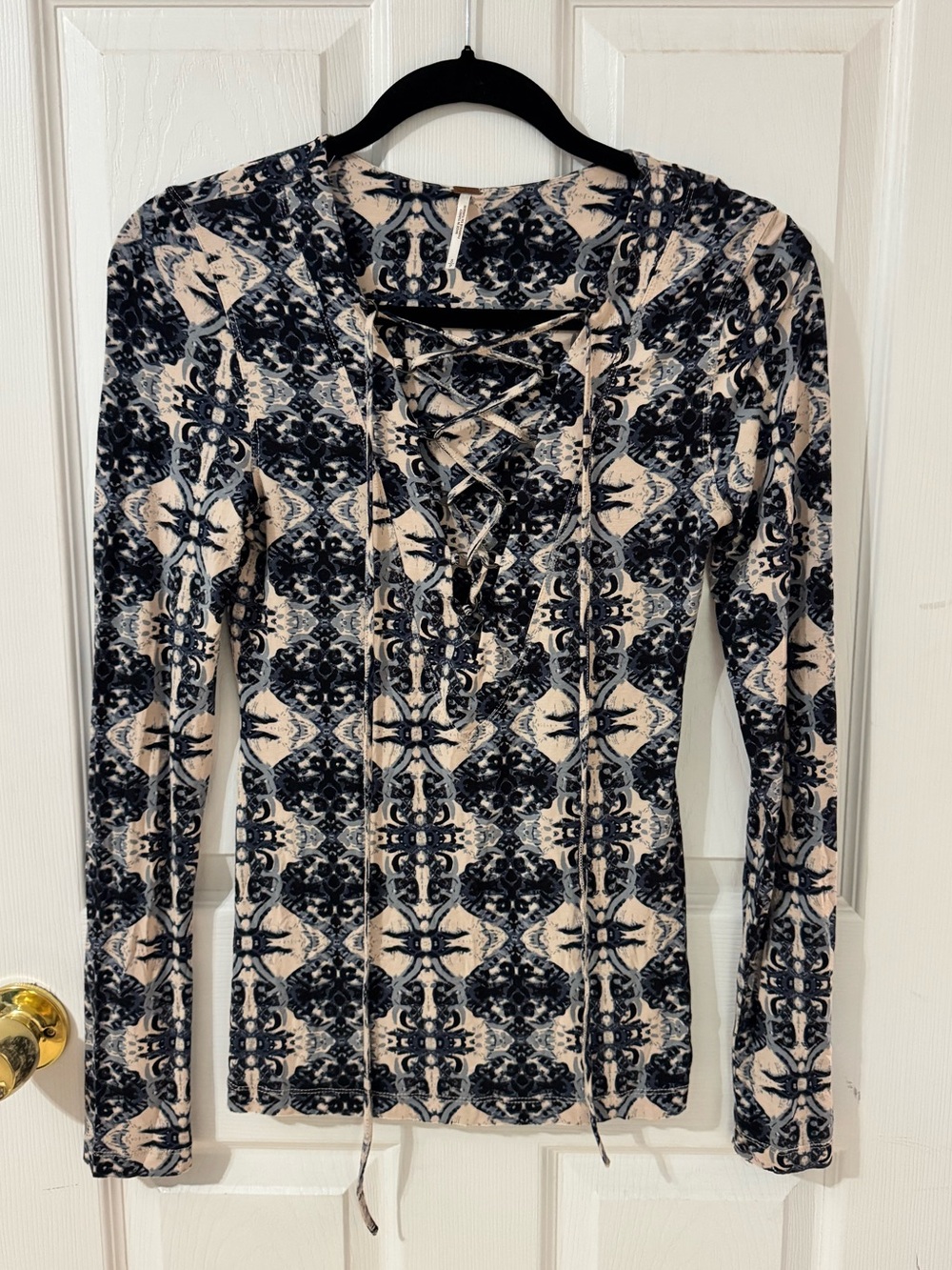 Free People Mai Tai Top Exclusive Navy Ivory Lace Up Boho Long Sleeve S